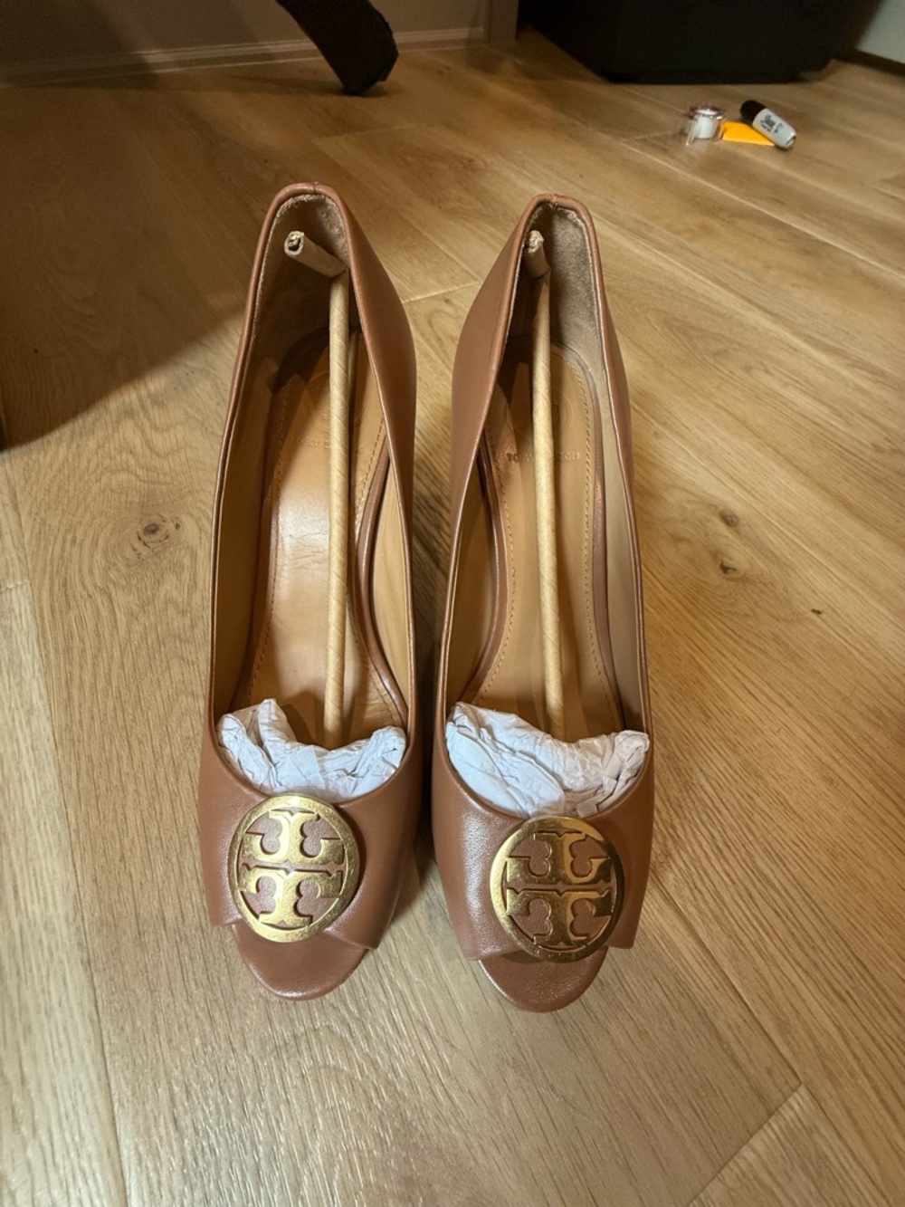 Tory Burch Tan Leather Peep-Toe Wedge with Gold Logo